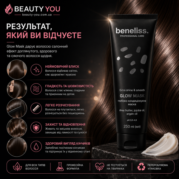 Маска для волосся Beneliss Glow Mask Extra Shine & Smooth для блиску та розгладження, 250 мл BNL035-250 фото